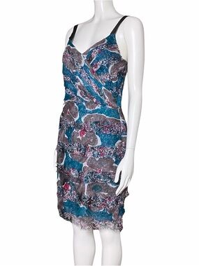 Walter Vintage Y2K 100% Silk Teal Fairy Grunge Raw Edge Mini Dress Size 2
